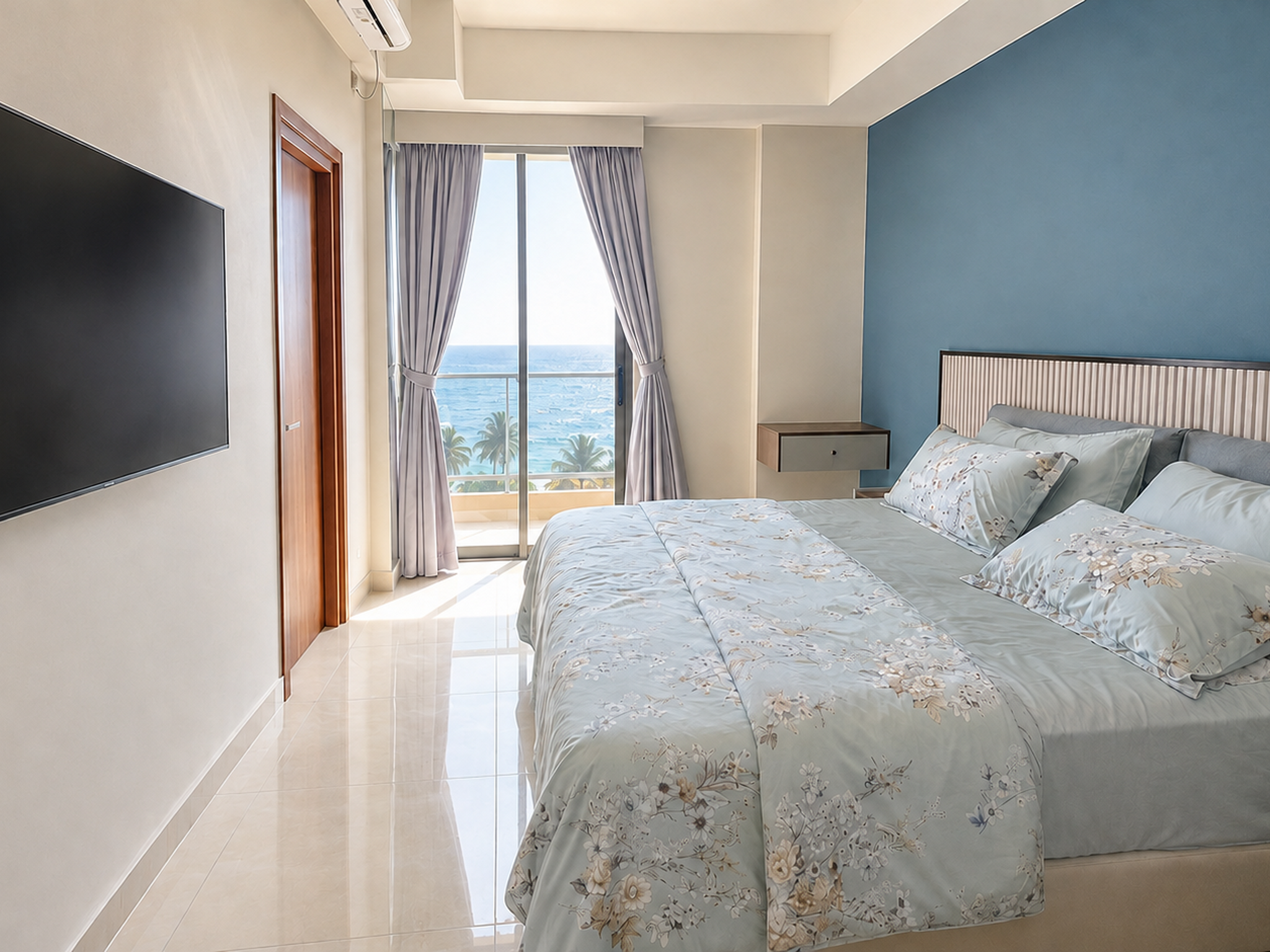 Blue sea-view bedroom in a 3-bedroom Colombo apartment