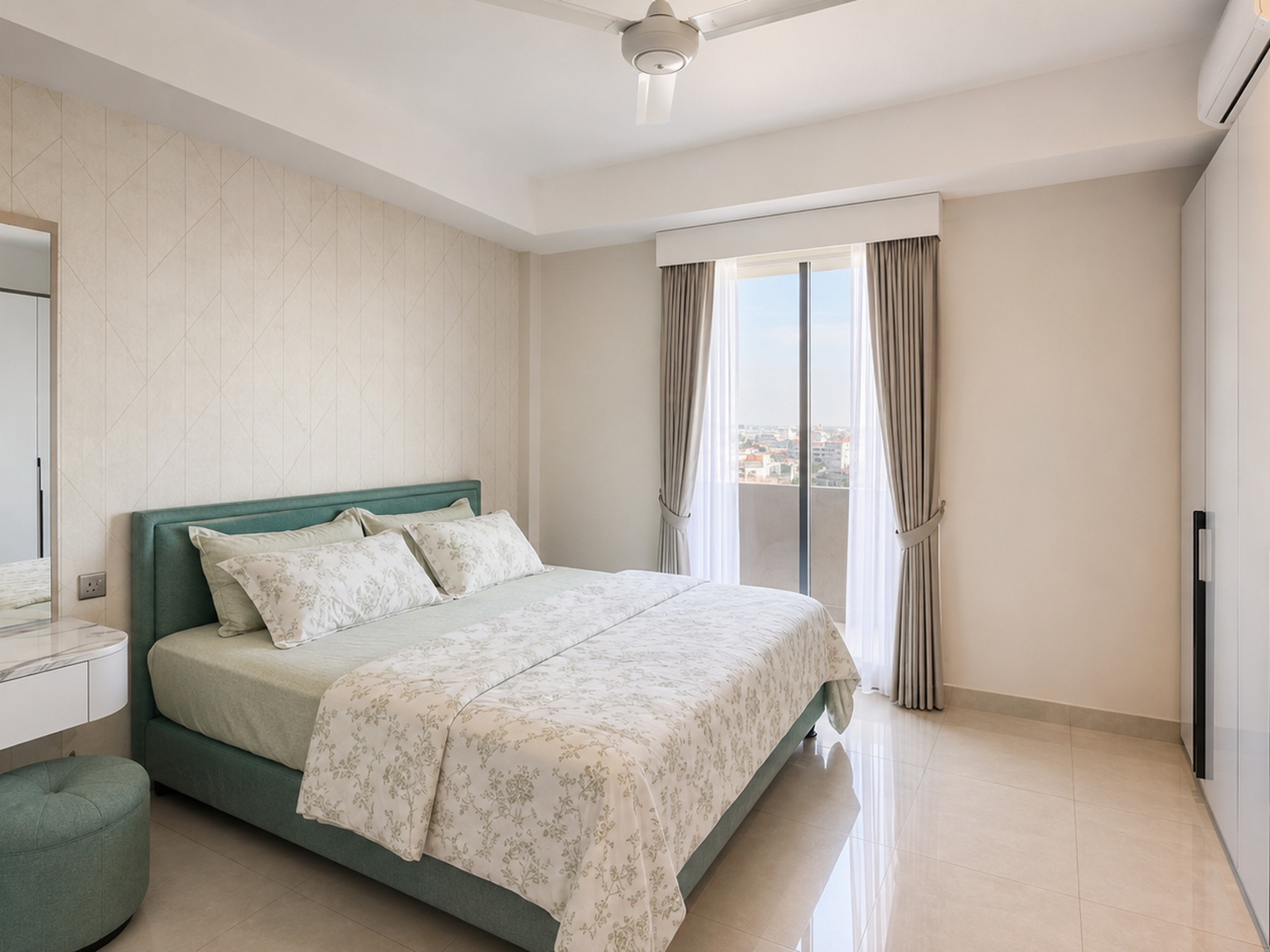 Comfortable green bedroom for family accommodation in Colombo